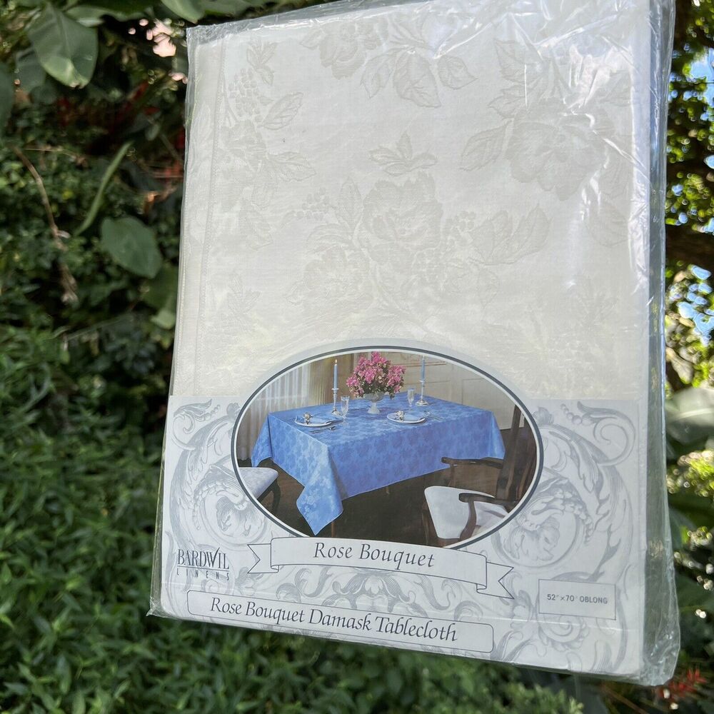 Vintage Rose Bouquet Tablecloth Damask 52”x 70” Oblong NWT Bardwil Linens